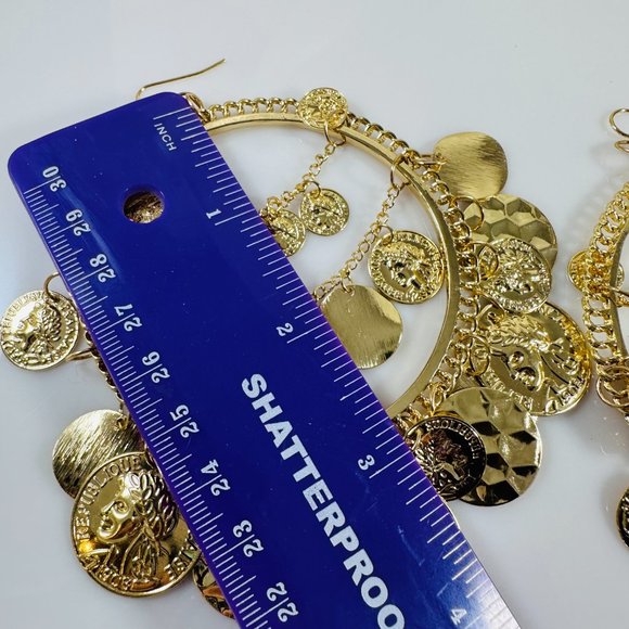 Giant gold Tone Gypsy Hoop earrings covered in gold coin charms - Picture 3 of 6